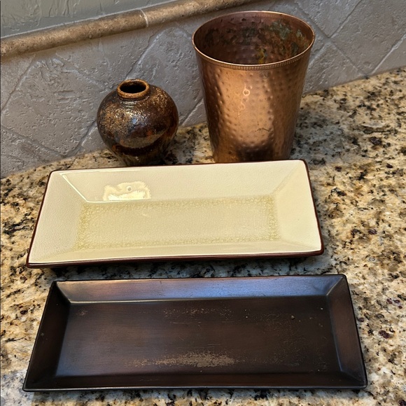 Elegant 4 piece Ceramic Tray & Vases Set - Cream, Brown, and Copper - Picture 1 of 16